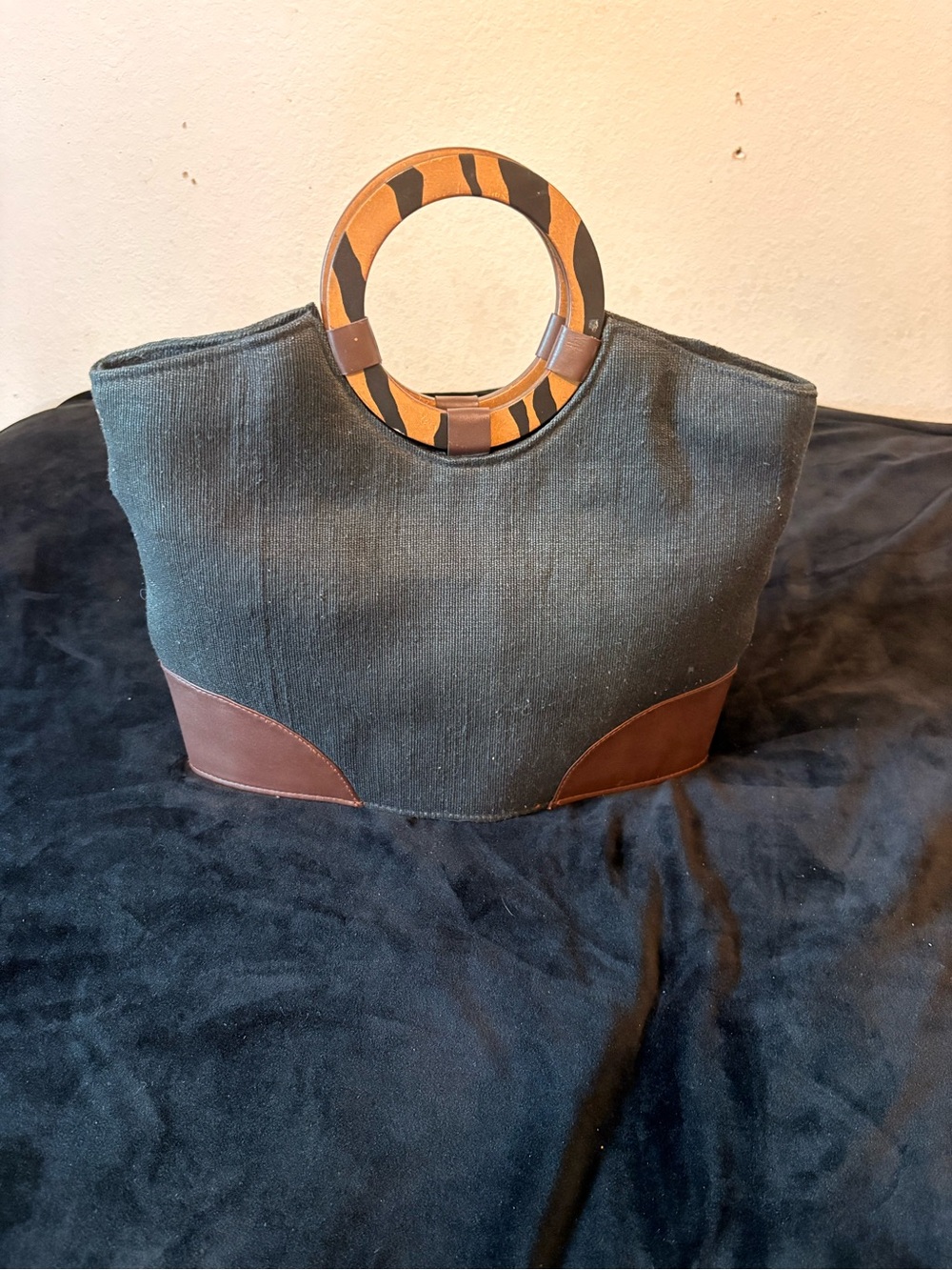 Black Canvas Tote with Brown Trim and Tiger-Print Round Handles